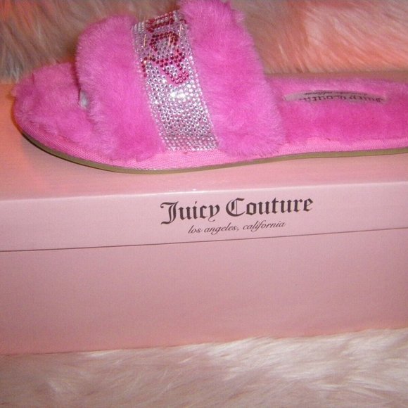 Juicy Couture Slide Slippers Faux Fur Crystals Gravity Pink Women's Sizes - Picture 9 of 15